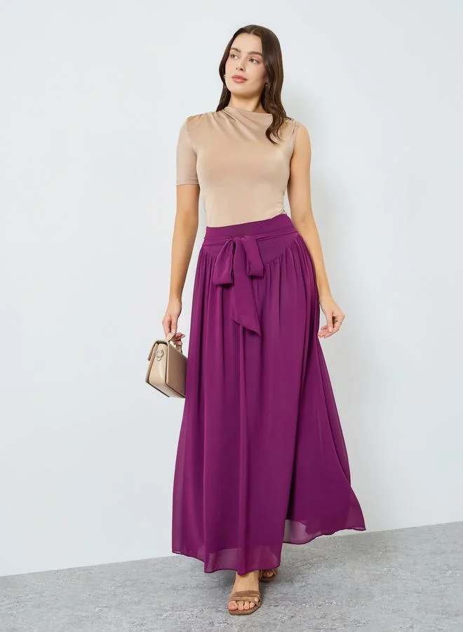 Styli Women Burgundy A-Line Maxi Skirt with Waist Tie